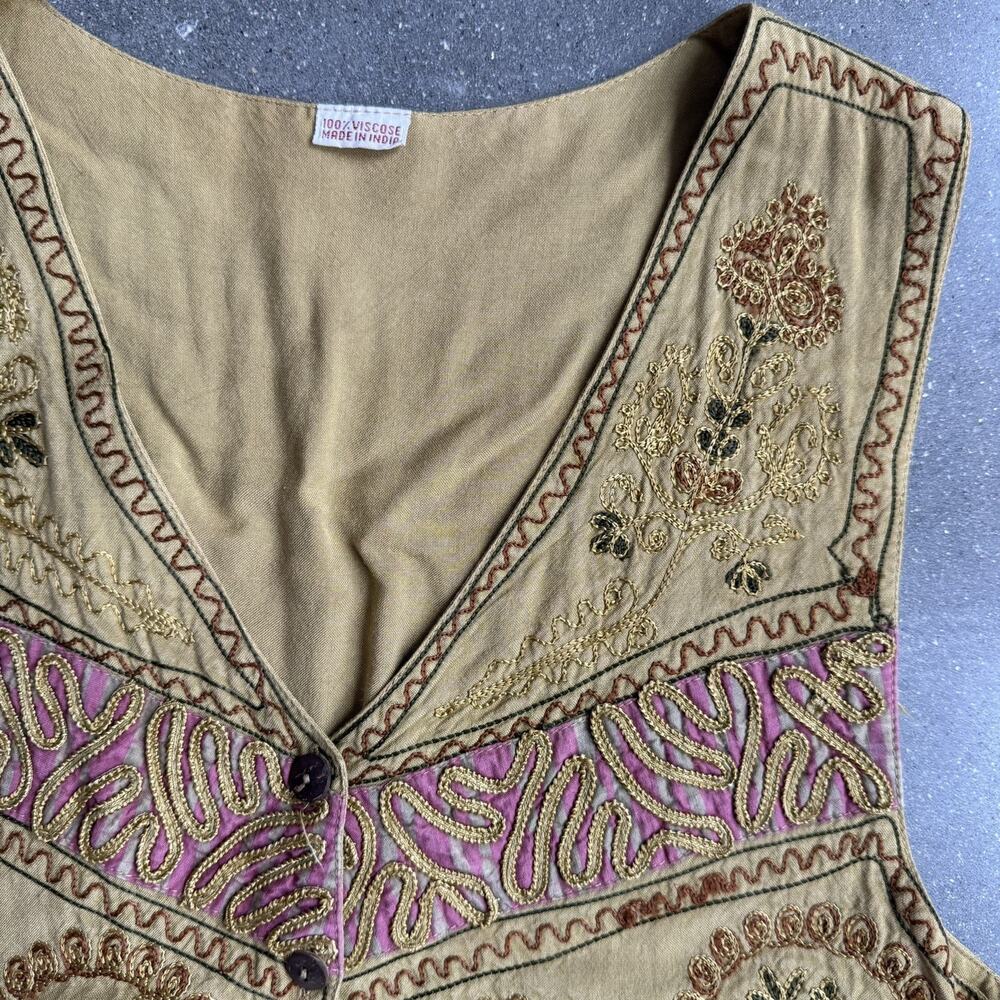 Boho Embroidered Festival Vest Mustard Gold Floral Tapestry Indie Top‎ Women - Picture 3 of 10